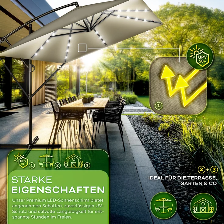 tillvex® Alu Sonnenschirm Rechteckig Ø 330 cm mit LED Solar Braun + Abdeckung mit Kurbel | Ampelschirm mit Ständer & Windschutz | Gartenschirm UV-Schutz, wasserdicht, 360° drehbar | Kurbelschirm Marktschirm – Bild 3