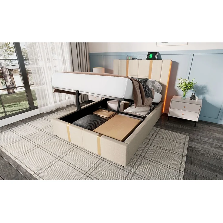 Polsterbett aus Leinen mit LED & USB-Anschluss, Stauraum, 90x200 cm, Beige, ohne Matratze – Bild 4