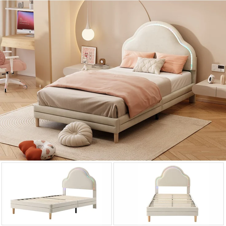U-life Polsterbett 90x200 cm, Einzelbett und Kinderbett, mit wolkenförmigem Kopfteil, LED-Lichtleiste und Samtbezug, Beige – Bild 4