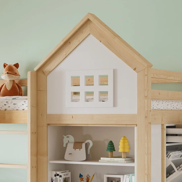 Hochbett mit Bücherregal, Stauraum, Lattenrost und Leiter, 90x200 cm, Schrank mit 2 Klappen und 1 Schublade, Kinderbett mit Rausfallschutz, Kiefer – Bild 6