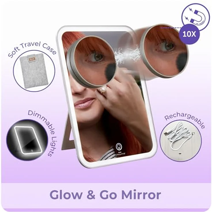 StylPro Glow & Go Schminkspiegel, 10x vergrößerbar, dimmbare LED-Beleuchtung mit Touchscreen, verstellbarer Ständer, inklusive weicher Luxus-Reisetasche und USB-Ladekabel – Bild 3