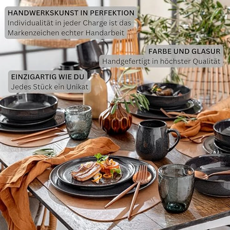 Sänger Tafelservice, Grau, 12-teiliges Keramik Geschirrset, kratzfest, handmade, platzsparend – Bild 6