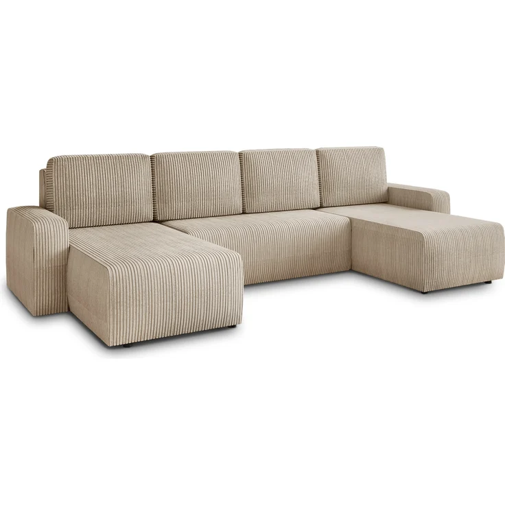 Wohnlandschaft mit Schlaffunktion Roma - U-Form Couch, Schlafsofa mit Bettkasten, Couchgranitur mit Bettfunktion, Big Sofa, Cord Stoff (Beige (Poso 100)) – Bild 2