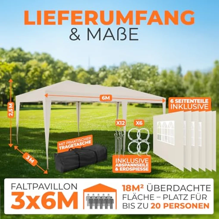 Kronenburg Faltpavillon wasserdicht Pavillon mit 6 Seitenteilen, Gartenzelt, 3x6 m - mit UV Schutz 50+, Champagner – Bild 3