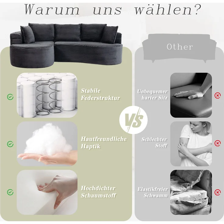 LVHOM Ecksofa L-Form, Cloud Sofa mit Tassenhalter und Seitentaschen, 3-Sitzer Sofa aus Cordstoff, kein Aufbau erforderlich, 250x152cm, Dunkelgrau – Bild 7
