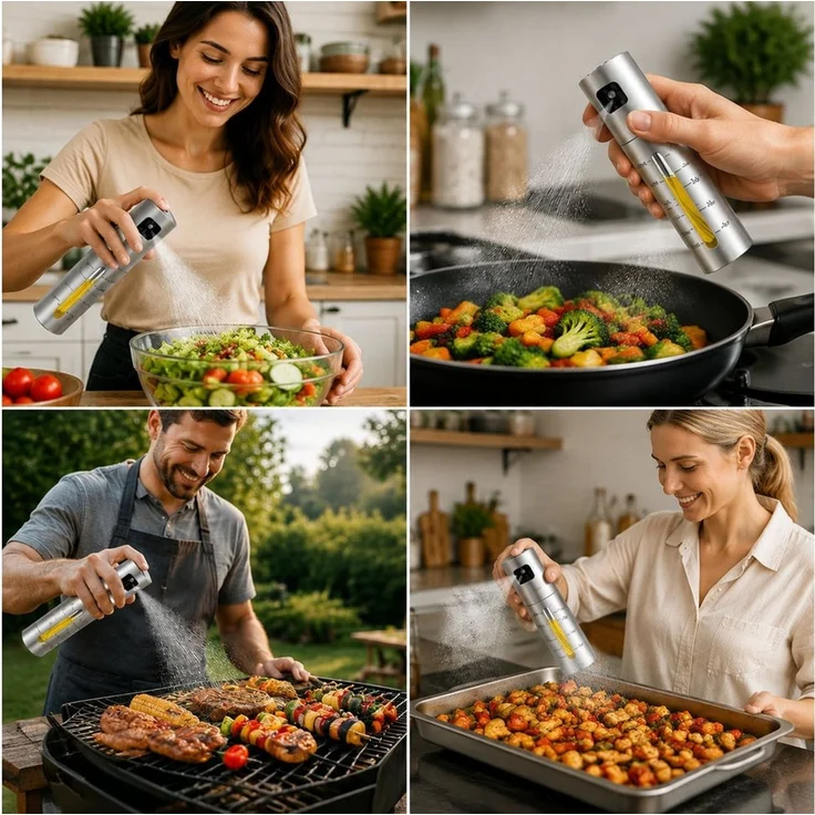 ibettertec Ölspender Edelstahl Ölspender 2er Set 100ml, Öl Sprüher mit Messskala, (Hochwertiger Ölzerstäuber aus Edelstahl, rostfrei und langlebig, 2-tlg, für Küche, BBQ, Backen und Salate), mit 1 Ölpinsel, 1 Trichter und 1 Reinigungsbürste, für Öl – Bild 2