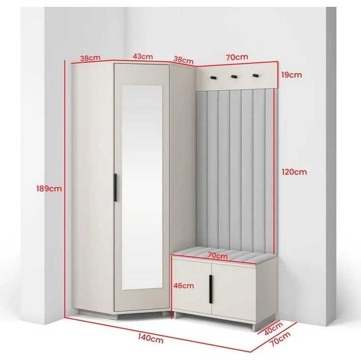 Garderoben-Set Napoli Version 21: Eckschrank mit Polsterpaneelen, Schuhschrank Flur und Eingangsbereich (Cashmere/Trinity 03), 189 x 70 x 140 cm – Bild 6