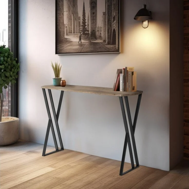 Wohnando Couchtisch Konsolentisch Metall "Eros", braunes Piniendekor, 100x30x75, schwarze Metallbeine, Ablagetisch Flur, Wohnzimmer Sideboard – Bild 1