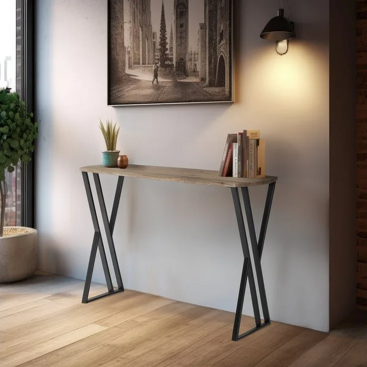 Wohnando Couchtisch Konsolentisch Metall "Eros", braunes Piniendekor, 100x30x75, schwarze Metallbeine, Ablagetisch Flur, Wohnzimmer Sideboard