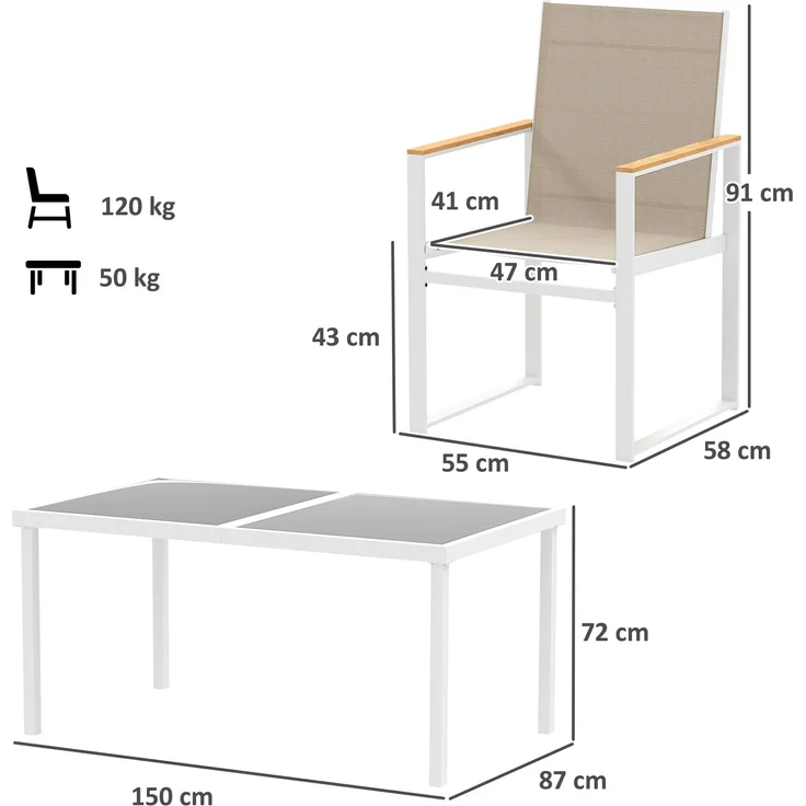 Gartenset mit rechteckigem Esstisch aus Glas und 4 Stühlen mit Armlehnen, mehrfarbig – Bild 5