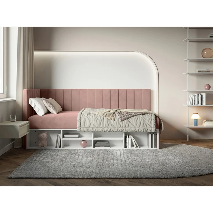 Selsey 'Ventrio' Jugendbett linksseitig mit Regalen, Easy-Clean-Samtbezug, hellrosa, 90x200 cm – Bild 3