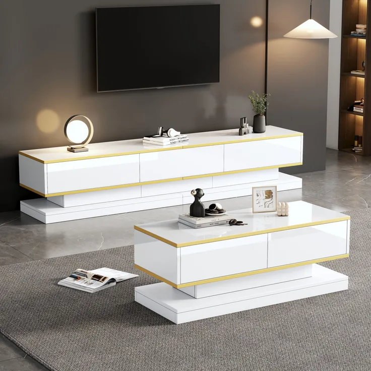 EINHOM Modernes Weißes Hochglanz-TV-Ständer- und Couchtisch-Set, TV-Konsole mit 3 Schubladen, Couchtisch mit 2 Schubladen, Goldbesatz, für das Wohnzimmer, Fernsehtisch und Kaffeetisch