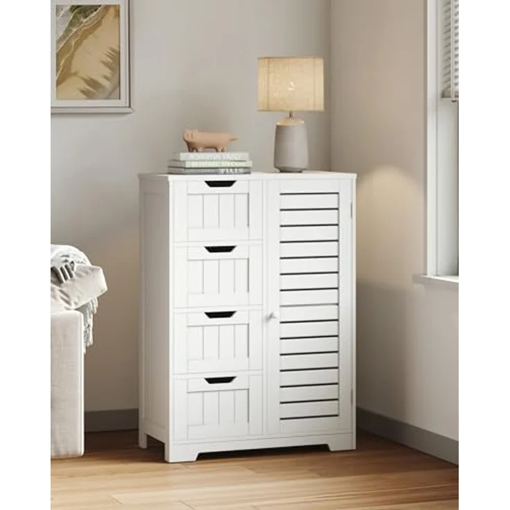 Mondeer Badkommode Badezimmerschrank (Moderne Shutter Design), mit 4 Schubladen 1 Tür,56 x 30 x 82,5cm, Weiß – Bild 6