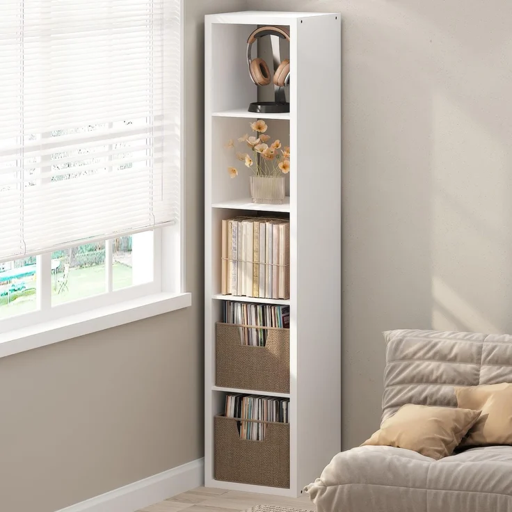 Furinno Cubicle Plattenspieler Regal mit Vinyl Aufbewahrung, 5-Würfel 1.2 Extra Dicke Vinyl Aufbewahrung, Offen Rückseitiges Medienregal für CD DVD Blueray Spiel Discs, für Wohnzimmer, Weiß