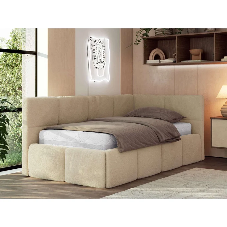 Jugendbett 90x200 ARVO Polsterbett mit Bettkasten, Stauraum & Gasdruckfeder, Modernes Design mit Kopfteil, Multipocket Matratze - Beige Plüsch - ELORI LUX - Rechts Seite – Bild 1