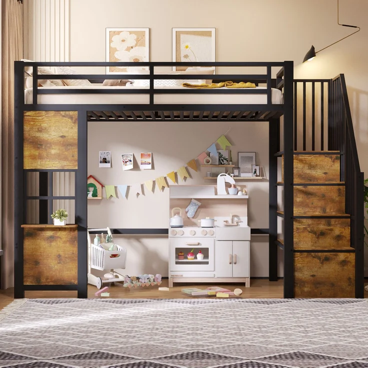 EINHOM Hochbett, 90 x 200 cm, Eisenrahmen, Ablageleiter, Offener Stauraum unter dem Bett, Fenstergestaltung, Icherheitsgeländer, Schwarz (Ohne Matratze) – Bild 3