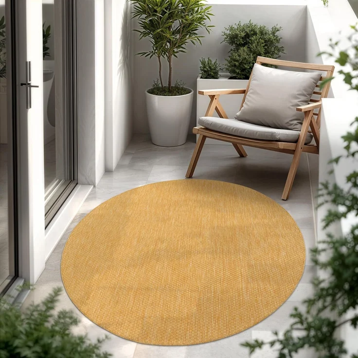 Paco Home Outdoor Teppich Wetterfest Wohnzimmer Balkon Küchenteppich Flachgewebe Sisaloptik Meliert Einfarbig, Grösse:80 cm Rund, Farbe:Gelb