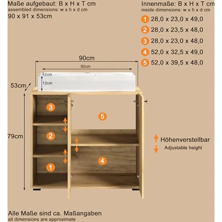 trendteam smart living - Waschbeckenunterschrank Unterschrank auf Rollen - Badezimmer - PureBliss - Aufbaumaß (BxHxT) 80 x 64 x 42 cm - Farbe Evoke Eiche mit schwarzen Rillen - 233730142 – Bild 4