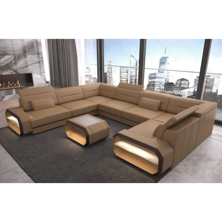Leder Wohnlandschaft Verona U-Form – Komfort - Ledermix - sandbeige-dunkelbraun - Links – Bild 2