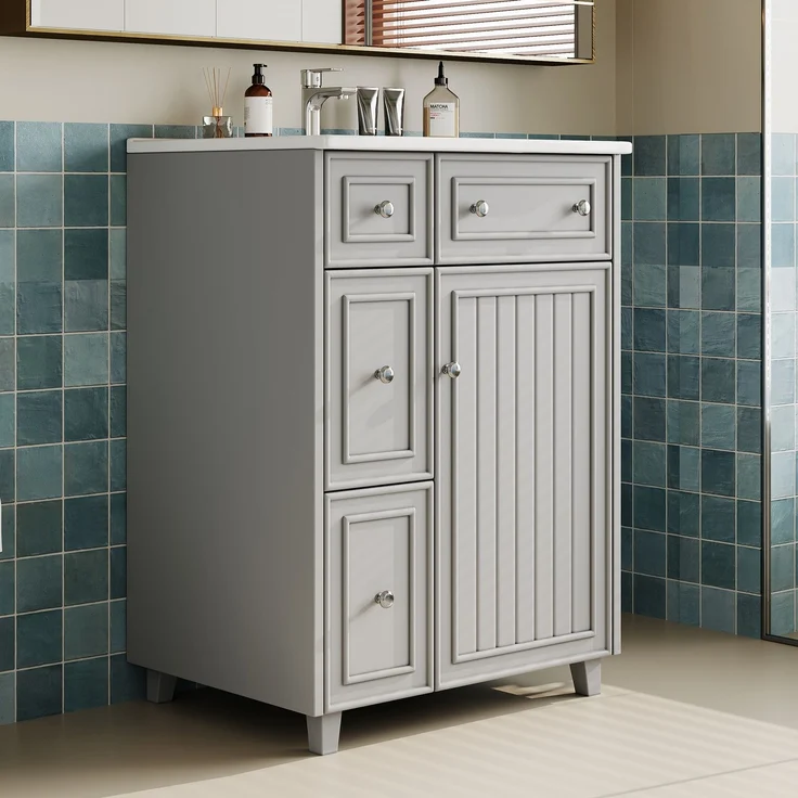 61×47×87cm, freistehender Badezimmerwaschtisch, lackierte Oberfläche, integriertes Keramikbecken, Soft-Close-Scharniere, eingebaute Regale in den Schranktüren, runde Griffe, hohes Fußdesign, grau. – Bild 2