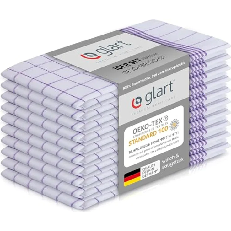 Glart 48KV2 Geschirrtücher Set – 10 Stück à 50x70 cm – 100 % Baumwolle – 300 GSM – Oeko-TEX Zertifiziert – Lila kariert – Küchenhandtücher waschbar & saugstark – Bild 1