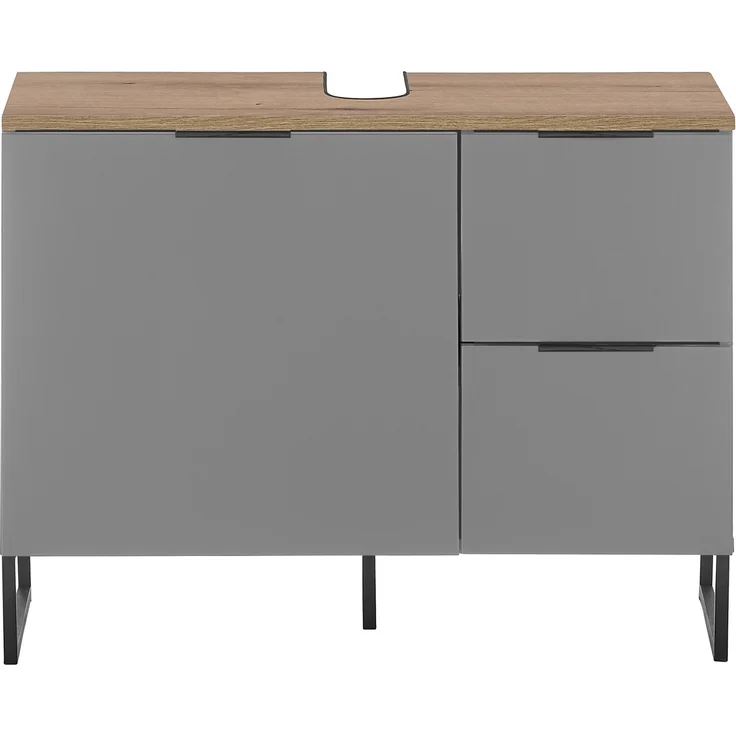 Waschbeckenunterschrank >Denver< 1 Tür, 2 Schübe, grau matt / evoke eiche - 80x60x35cm (BxHxT) – Bild 3