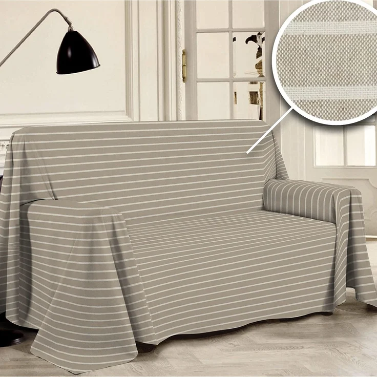 PENSIERI DELICATI Sofabezug 250x290 cm Made in Italy, Garn gefärbtes Abdeckung aus 100% Reiner recycelter Baumwolle, Beige Gestreift, Ideal als Möbel Tuch, Sofa Überzug, Picknickdecke
