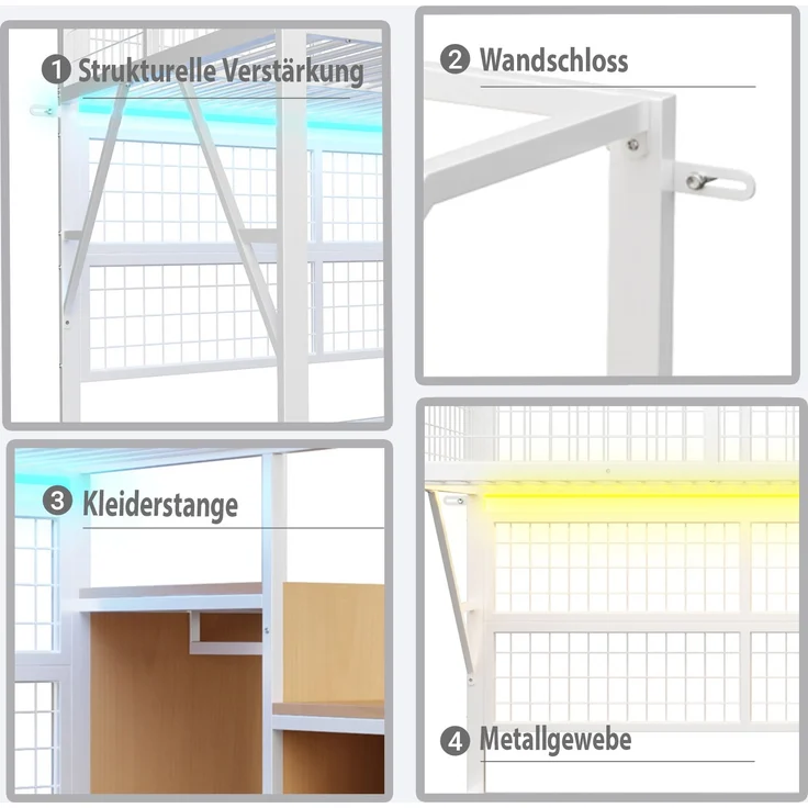 EINHOM Eisenbett, Etagenbett, Hochbett 90 x 200 cm, Geeignet für Kinder und Jugendliche Vielseitiges, Metall-Hochbett mit APP-gesteuerten LED-Lichtleisten Treppe mit Stauraum, Offenem Kleiderschrank Schwarz Weiß (Ohne Matratze) – Bild 7