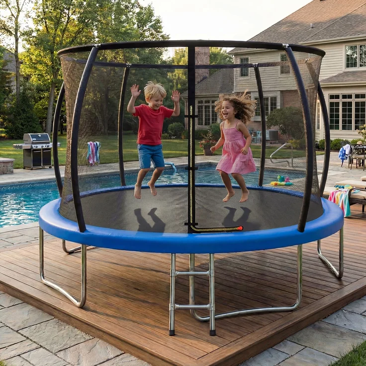 Devoko Gartentrampolin mit Sicherheitsnetz, Leiter, Randabdeckung, Stahlrahmen, Blau, Ø 360 cm – Bild 1
