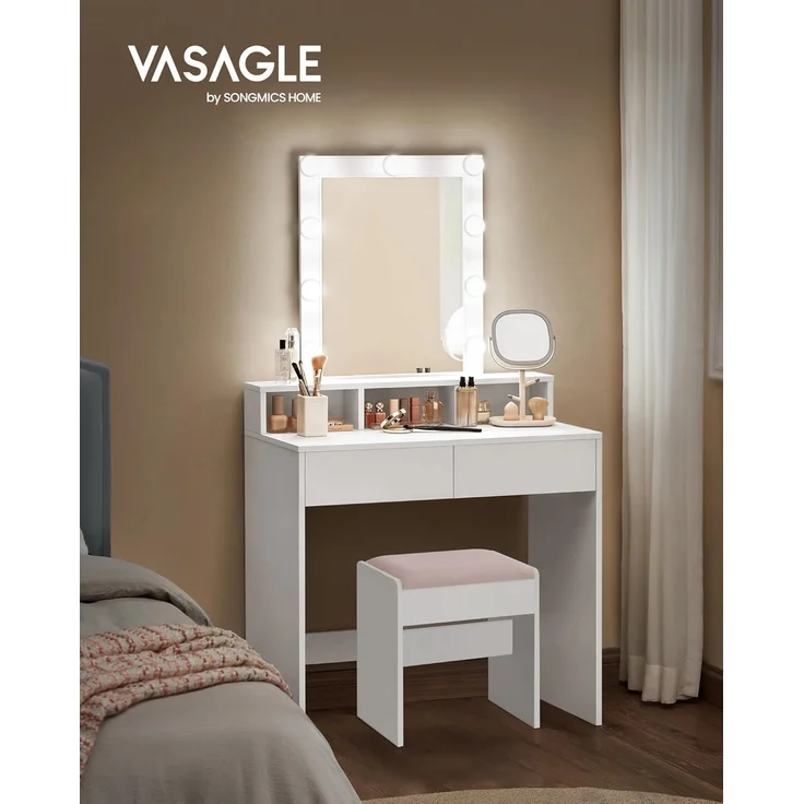 VASAGLE Schminktisch mit LED-Beleuchtung, Sitzhocker, Kosmetiktisch mit 2 Schubladen und 3 offenen Fächern, Makeup-Hocker aus Samt, für Schlafzimmer, weiß und mattweiß-pastellrosa RDT714W01 – Bild 3