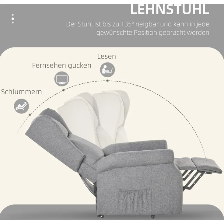 Relaxsessel mit elektrischer Aufstehhilfe & Liegefunktion, 74x94x111 cm, Grau – Bild 6