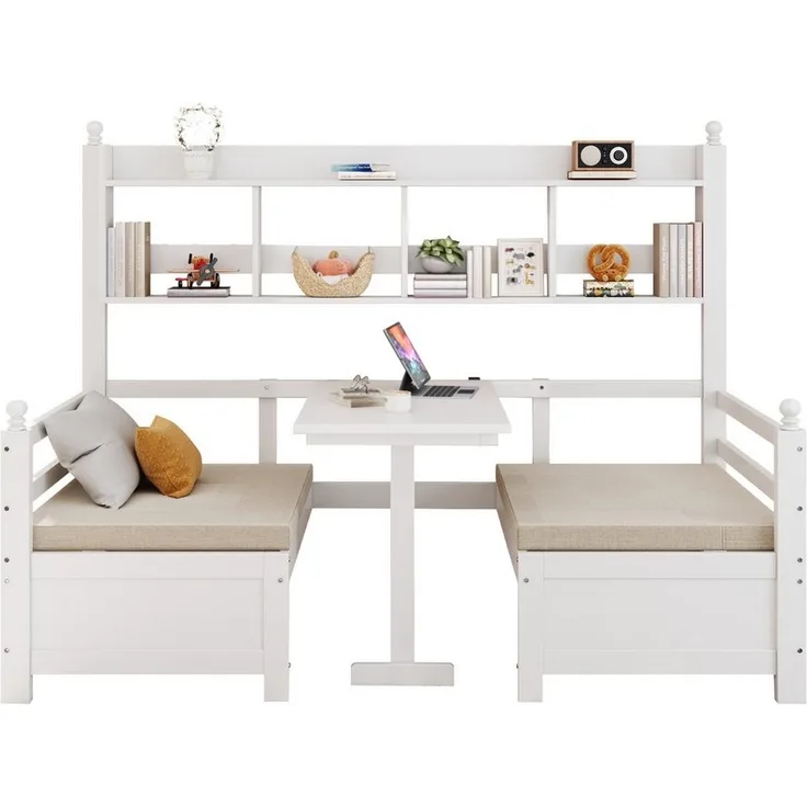 Odikalo Massivholzbett Gästebett Schlafsofa 2-in-1 Schreibtisch Bücherregal Weiß/Grau200x90