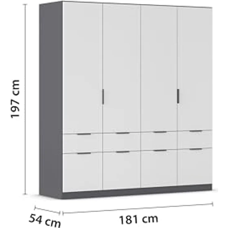 Rauch Möbel Dundee, Kleiderschrank, Schrank, Garderobe, Organizer, 4-türig, 8 Schubladen, Farbe Weiß/Grau metallic, Schwarz, Kurze Griffleiste Grau metallic, 181 x 197 x 54 cm – Bild 4