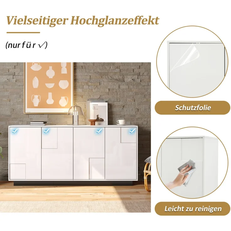 DESVIAE Sideboard mit 4 Türen und Push-to-Open 160x75,5x37 cm Spanplatte Weiß/Schwarz – Bild 5