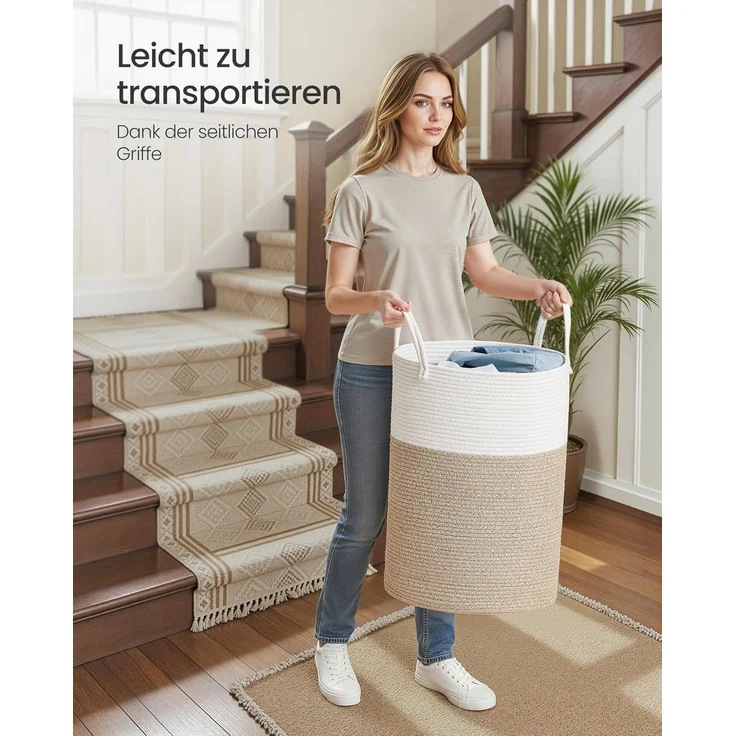 SONGMICS Wäschekorb, 80 L Wäschesammler für Kinder, Baumwollseil, mit Henkel, für Kinderzimmer, weiß-graubraun – Bild 6
