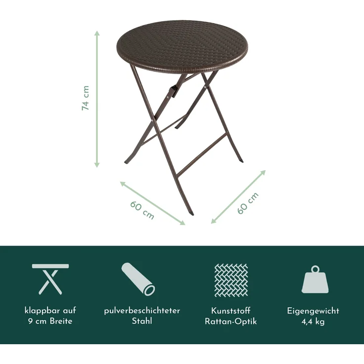 Klapptisch rund, Rattan-Optik, braun, 60 cm, Balkontisch, klappbar – Bild 5
