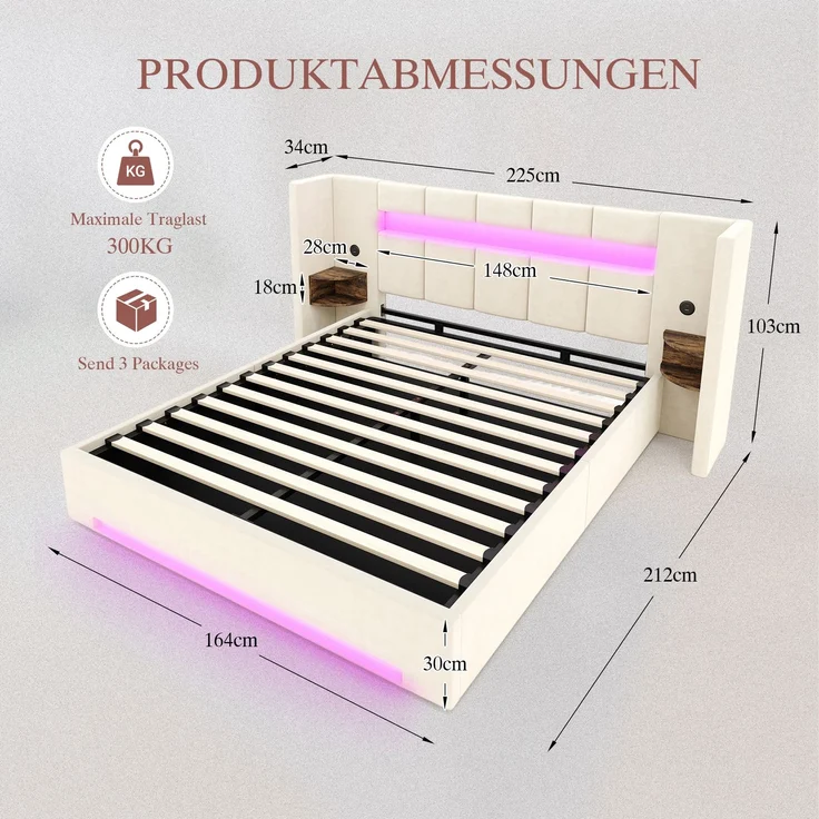 LVHOM Polsterbett 160x200 mit Seitenschränke, Bettgestell mit USB & LED und Stauraum sowie Hydraulik, Doppelbett aus Samt, Funktionbett, Beige – Bild 8
