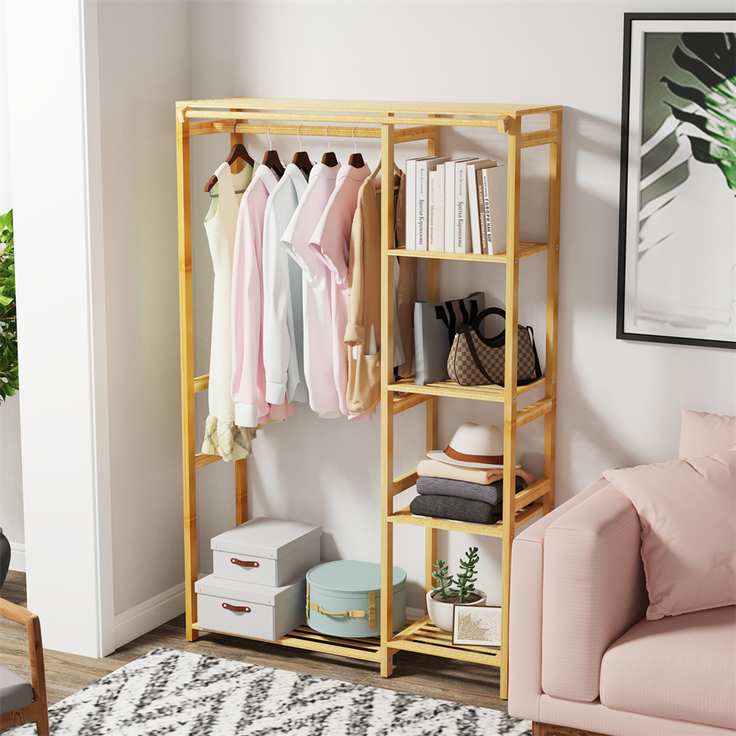 UNHO Kleiderschrank offener Kleiderständer mit Vorhang Ablagen Bambus Beige 91 x 30 x 146 cm
