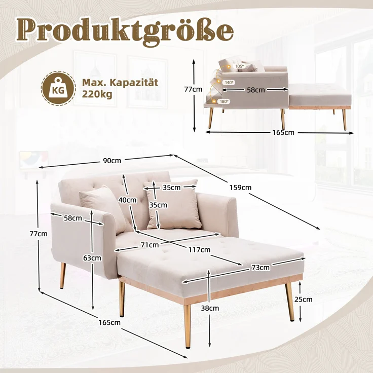 Relaxsessel mit verstellbarer Rückenlehne,3-stufig klappbarer Ruhesessel aus Plüschstoff mit 2 Kissen,Beige – Bild 10