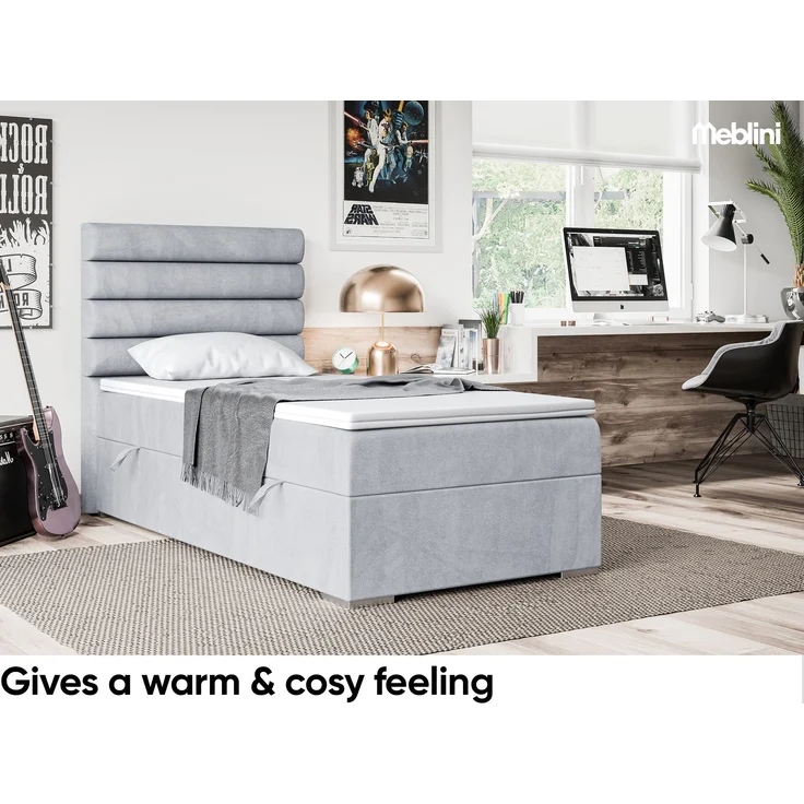 MEBLINI Boxspringbett KARIM 100x200 cm mit Bettkasten - H3/Hellgrau Samt Gepolstert Einzelbett mit Topper & Taschenfederkern-Matratze - 100x200 Links – Bild 3