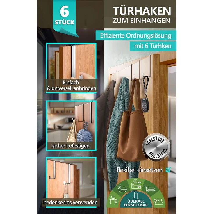 Aurelia Home Türhaken zum Einhängen, 6er-Set, Silber – für Türen und Schranktüren, bis 8 kg – Bild 2