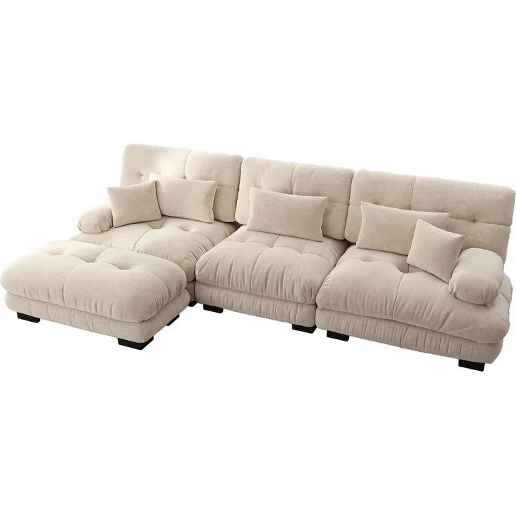 Modulares Sofa aus Chenille 313x145x81 cm mit runden Armlehnen und Ottomane, beige – Bild 5