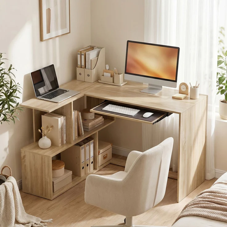 Eckschreibtisch, 120 x 100 x 76 cm, L-förmiger Computertisch mit Tastaturablage, 4 offene Fächer, natur – Bild 3