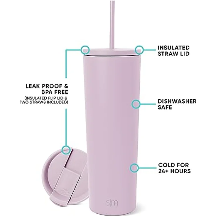 Simple Modern Thermobecher mit Strohhalm und Deckel | Trinkbecher mit Henkel Wiederverwendbare Edelstahl | Geschenke für Frauen und Männer | Classic | 830ml | Lavender Mist – Bild 3