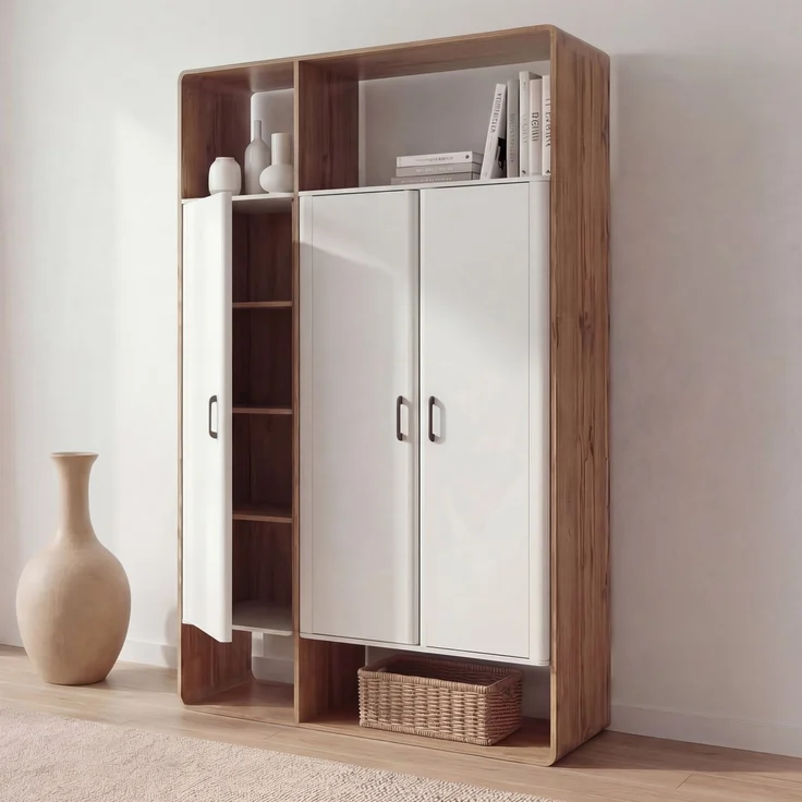 Schrank HWC-P43, Garderobenschrank Kleiderschrank Highboard 3 Türen MDF 200x120x55cm ~ Wotan-Eiche-Optik, weiß – Bild 1
