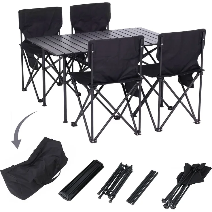 Campingset HWC-Q39, Tisch 4x Stuhl Klappstuhl Anglerstuhl faltbar, Metall Stoff ~ schwarz