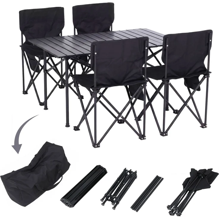 Campingset HWC-Q39, Tisch 4x Stuhl Klappstuhl Anglerstuhl faltbar, Metall Stoff ~ schwarz – Bild 1