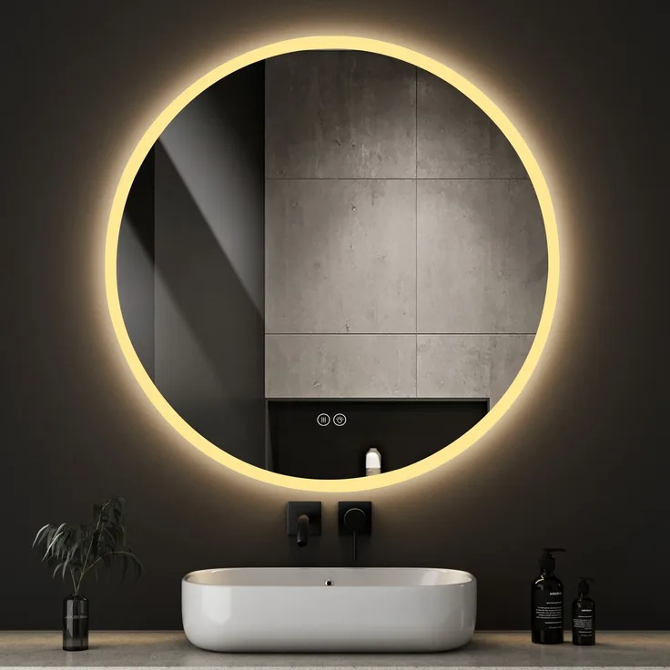 Runder Badspiegel H 3 x T 70 x B 70 cm aus Sicherheitsglas mit dimmbarer LED-Beleuchtung und Antibeschlagfunktion