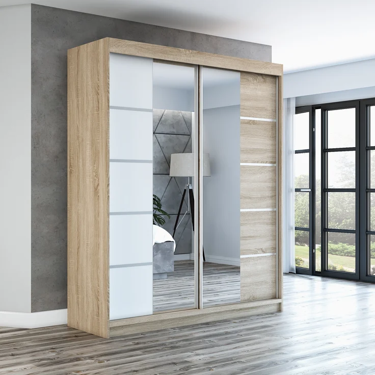 Schwebetürenschrank ERA 2-türig Schrank 160 cm (mit Spiegel) Farbe: Sonoma , weiß – Bild 2