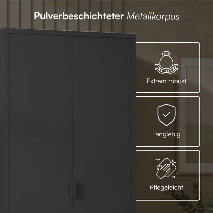 skølm 'Ituri' Kleiderschrank, Metall, 170x45x80 cm, schwarz, Garderobe mit 4 Fächern und 2 Kleiderstangen – Bild 4